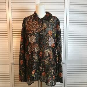 Pleats Collection Vintage Black Whimsigoth Floral Collared Tunic Blouse 1XL